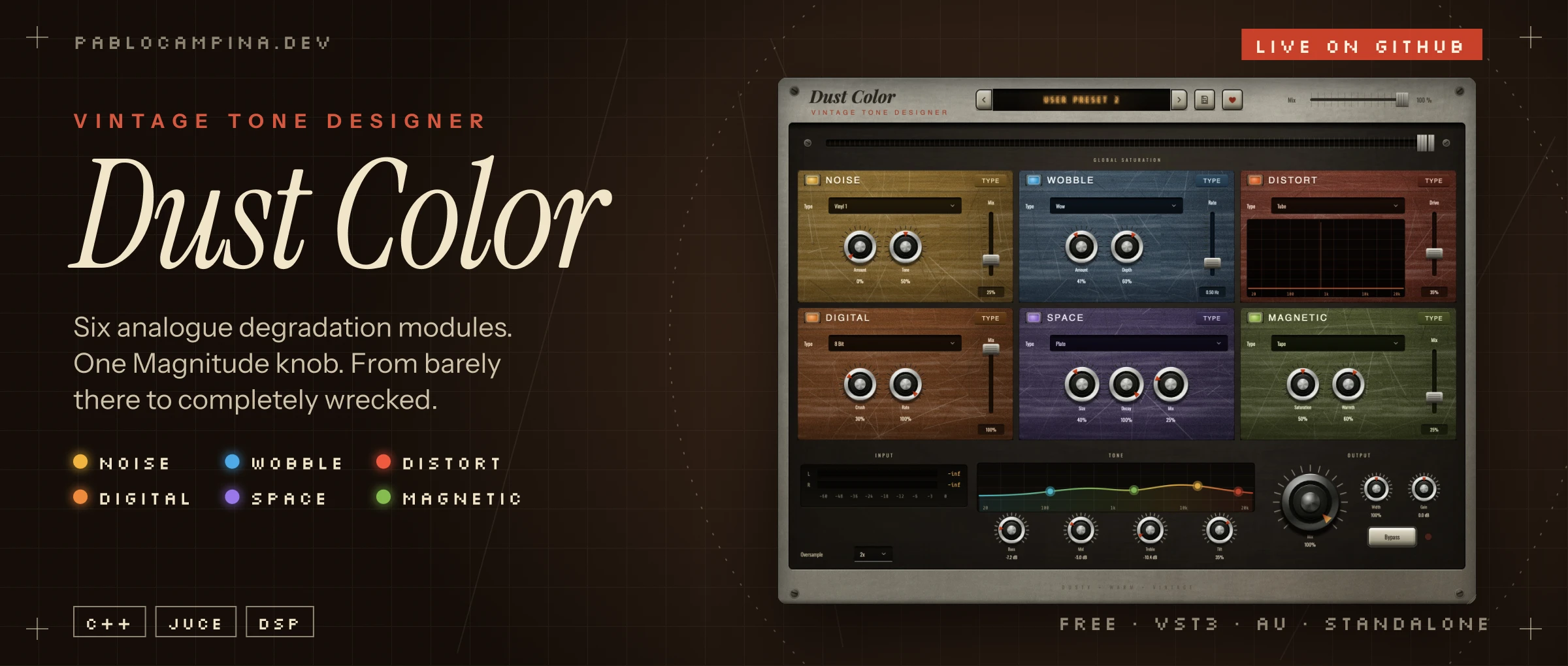 Dust Color plugin interface showing its noise, wobble, distortion, digital, space and magnetic tone modules.