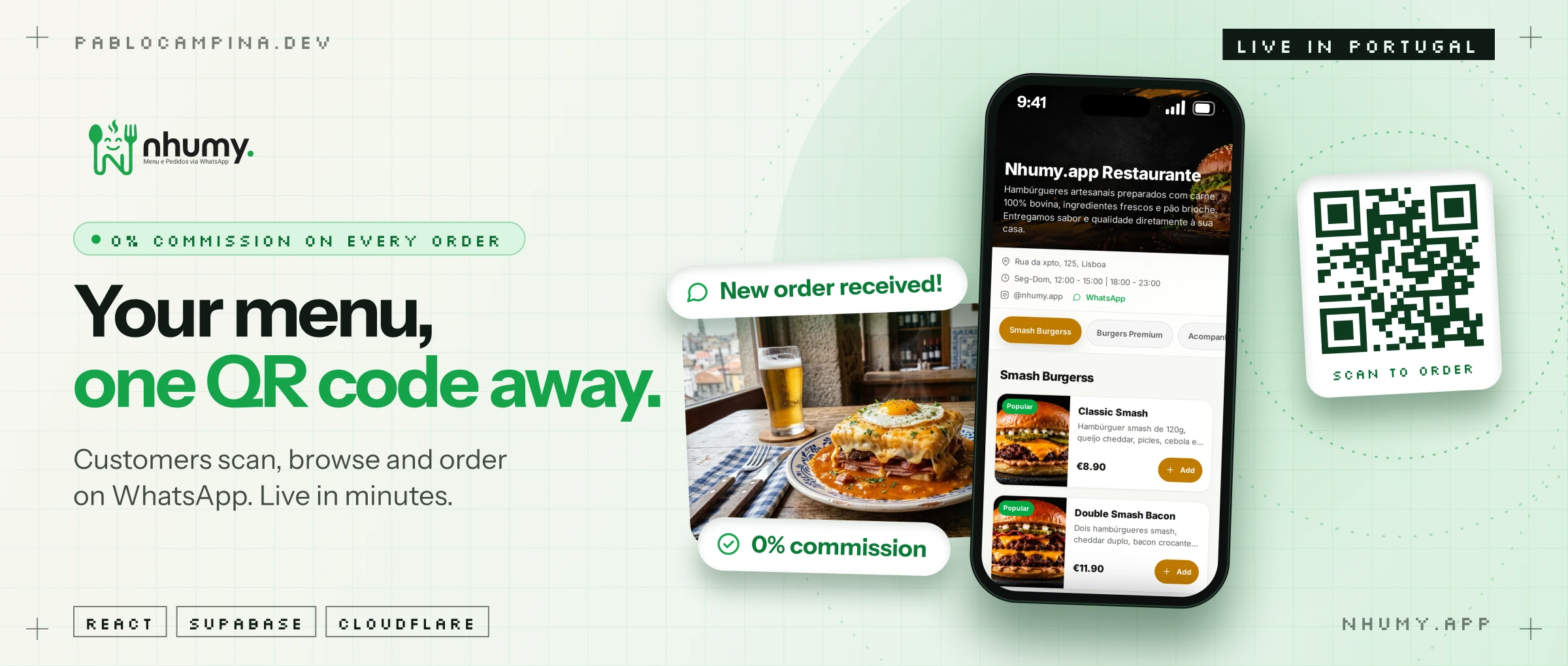 A restaurant's Nhumy digital menu, showing categories, dishes and a WhatsApp order in progress.