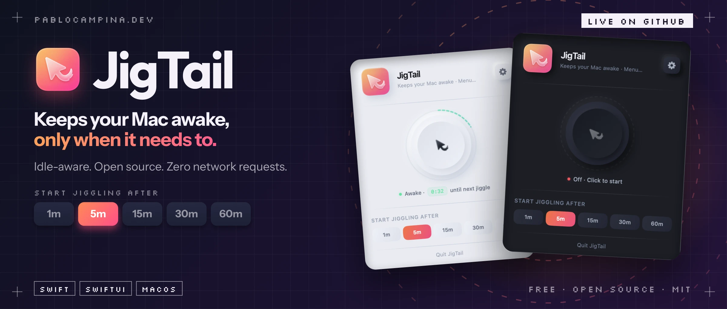 JigTail's macOS menu bar popover, keeping a Mac awake.